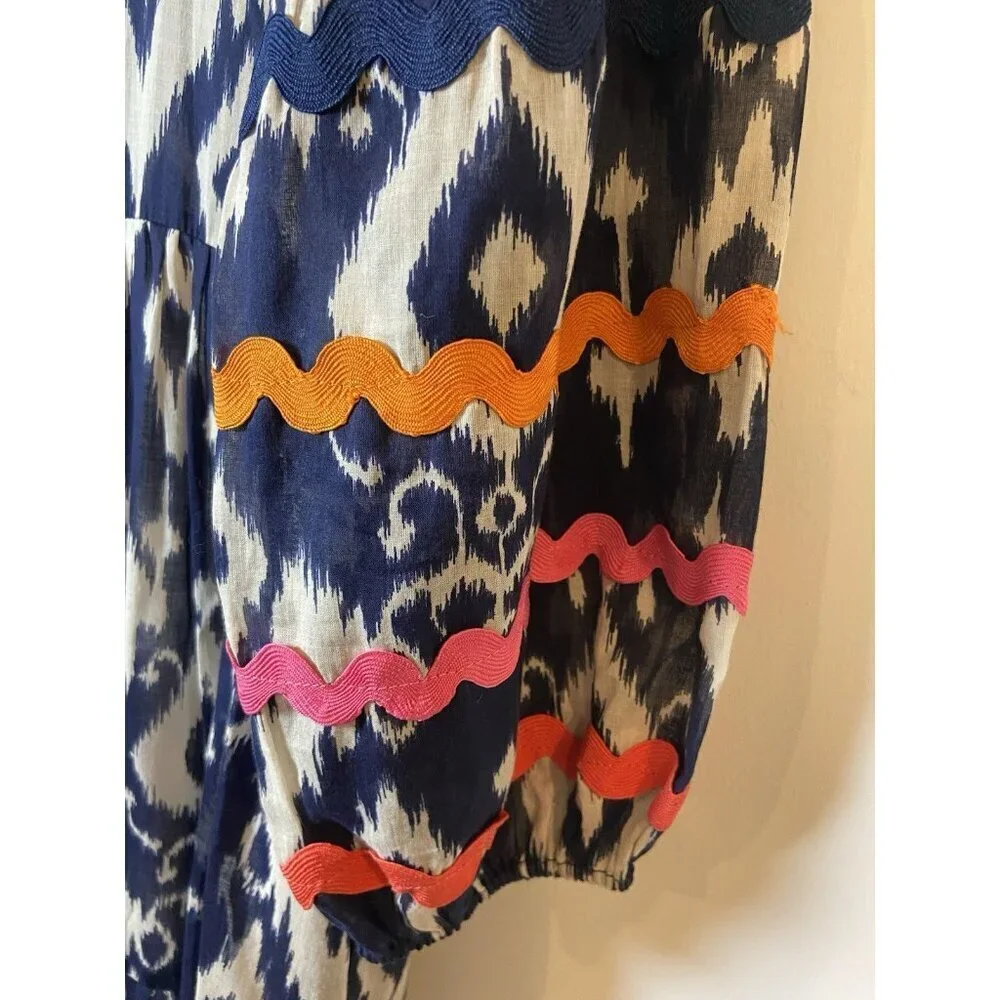 Vilagallo Tammy Ikat Midi Dress Tiered Puff Sleeves Navy Pink Orange 42 L - Picture 3 of 7